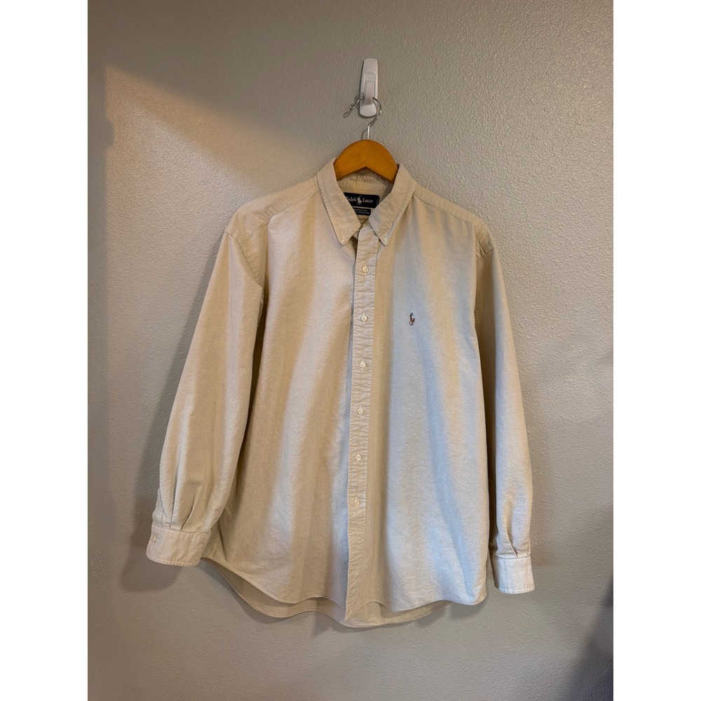 Ralph Lauren Yarmouth Shirt Mens 17-34 Tan Cotton Flesh Pony Long Sleeve Button
